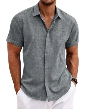 2023 Men Casual Cotton Linen Shirts Standing Collar Male Solid Color Short Sleeves Loose Top Buttons Placket Handsome Male Shirt