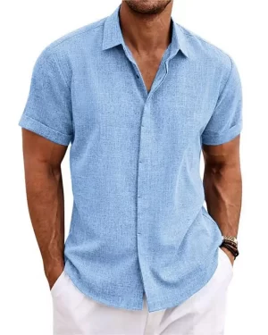 2023 Men Casual Cotton Linen Shirts Standing Collar Male Solid Color Short Sleeves Loose Top Buttons Placket Handsome Male Shirt