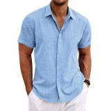 2023-Men-Casual-Cotton-Linen-Shirts-Standing-Collar-Male-Solid-Color-Short-Sleeves-Loose-Top-Buttons