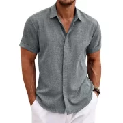 2023 Men Casual Cotton Linen Shirts Standing Collar Male Solid Color Short Sleeves Loose Top Buttons Placket Handsome Male Shirt