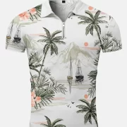 Coconut Tree Hawaii 3D Print Polo Zipper Short Sleeve Shirt for Men