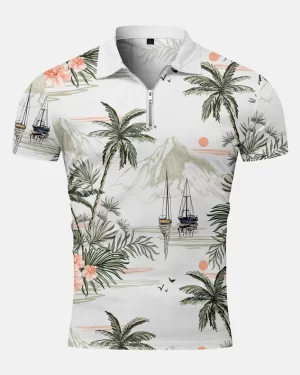 Coconut Tree Hawaii 3D Print Polo Zipper Short Sleeve Shirt for Men