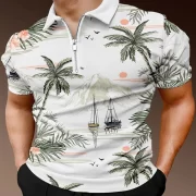 Coconut Tree Hawaii 3D Print Polo Zipper Short Sleeve Shirt for Men