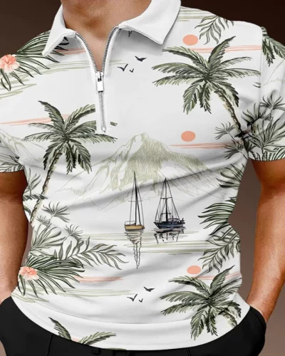 Coconut Tree Hawaii 3D Print Polo Zipper Short Sleeve Shirt for Men