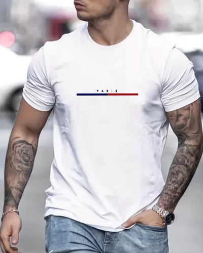 Men’s 100 Cotton Paris Short Sleeve T-shirt Top Loose Tshirt