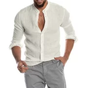 Men’s Casual Tops Cotton Linen Shirts Summer Solid Color Shirt Loose Blouse Button Cardigan Stand-up Collar Henley Shirt