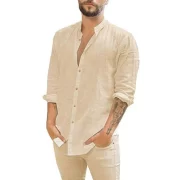 Men’s Casual Tops Cotton Linen Shirts Summer Solid Color Shirt Loose Blouse Button Cardigan Stand-up Collar Henley Shirt