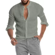 Men’s Casual Tops Cotton Linen Shirts Summer Solid Color Shirt Loose Blouse Button Cardigan Stand-up Collar Henley Shirt