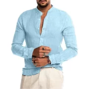 Men’s Casual Tops Cotton Linen Shirts Summer Solid Color Shirt Loose Blouse Button Cardigan Stand-up Collar Henley Shirt