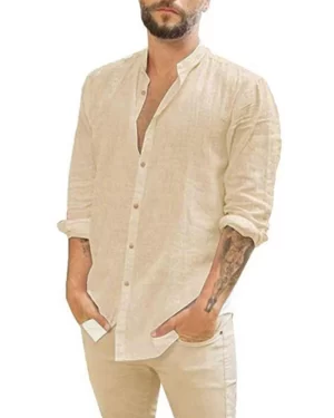 Men’s Casual Tops Cotton Linen Shirts Summer Solid Color Shirt Loose Blouse Button Cardigan Stand-up Collar Henley Shirt