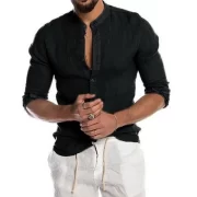 Men’s Casual Tops Cotton Linen Shirts Summer Solid Color Shirt Loose Blouse Button Cardigan Stand-up Collar Henley Shirt