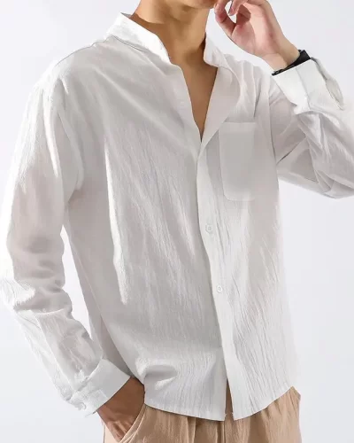 Men’s Cotton Linen Long Sleeve Shirt Solid Color Business Classic Basic Casual Shirts And Blouses Men Harajuku Tops