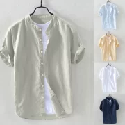 Men’s Shirts Summer Baggy Cotton Linen Solid Short Sleeve Shirts For Men Retro Loose Button Up Shirt Blouse Men Chemise Homme