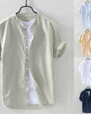 Men’s Shirts Summer Baggy Cotton Linen Solid Short Sleeve Shirts For Men Retro Loose Button Up Shirt Blouse Men Chemise Homme