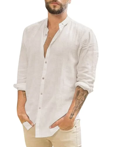 Men’s White Shirts Casual Plus Size Loose Hawaii Cotton Linen Shirt Mens Streetwear Turn Down Collar Long Sleeve Shirts Blouses