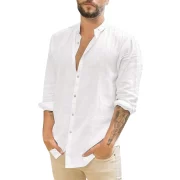 Men’s White Shirts Casual Plus Size Loose Hawaii Cotton Linen Shirt Mens Streetwear Turn Down Collar Long Sleeve Shirts Blouses