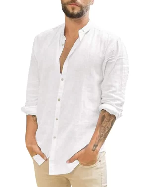 Men’s White Shirts Casual Plus Size Loose Hawaii Cotton Linen Shirt Mens Streetwear Turn Down Collar Long Sleeve Shirts Blouses